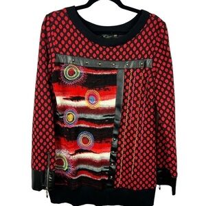Goa Artsy Embroidered Polka Dot Faux Leather Detail Sweater Medium Red Black
